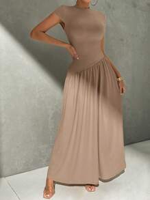 Firerie 优雅简约纯色短袖合身立领不对称 A 字腰长裙