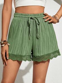 SHEIN VCAY Women's Solid Color Contrast Lace Belted Loose Shorts - Green - View 1