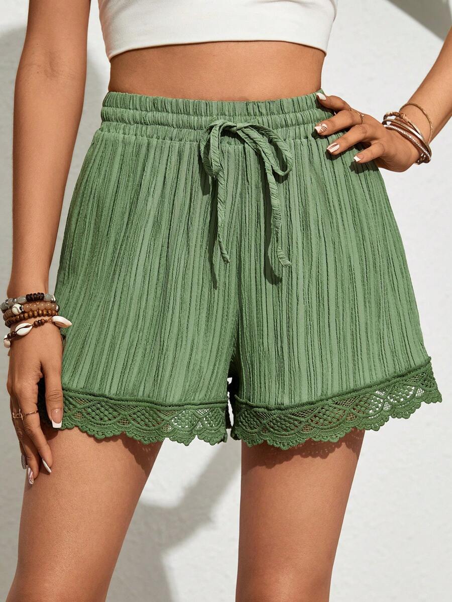 SHEIN VCAY Women's Solid Color Contrast Lace Belted Loose Shorts - Green - View 1