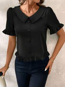 SHEIN Clasi Blusa negra elegante con cuello en V y dobladillo con volantes para mujer