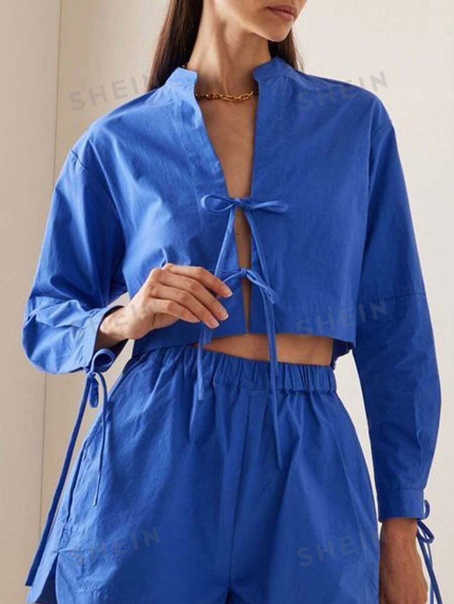 INAWLY Camisa para mujer casual y cómoda con lazo al frente - Azul - Ver 1