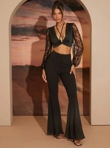 Hauture 女式低胸蕾丝喇叭袖上衣 - 黑色 - 查看 3