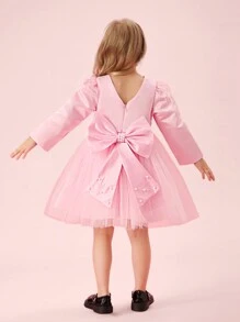 SHEIN Glamorique Kids 女童优雅长袖大蝴蝶结泡泡裙派对礼服，适合生日、节日、婚礼花童 - 粉色 - 查看 2