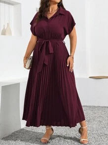 Flirla Plus Size Solid Color Ruched Waist Tied Short Sleeve Dress For Summer Maxi Women Outfit - Maroon - View 6