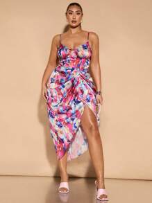 SHEIN BAE Vestido elegante de primavera con escote en V, tirantes finos, drapeado y estampado floral en satén para mujer de talla grande