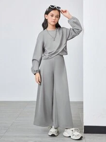2pcs/Set Tween Girl Casual Criss-Cross Hem Long Sleeve T-Shirt And Loose Pants Outfit, School Style - Multicolor - View 8
