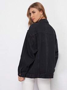 SHEIN Frenchy Wash Single Breasted Denim Trucker Jacket Winter Black - Black - View 2