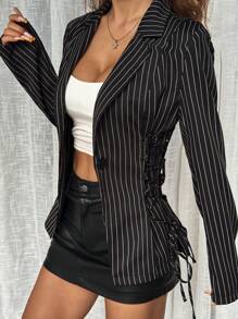 SHEIN EZwear Áo khoác blazer kẻ sọc buộc dây bên hông cho mùa thu/đông - màu đen - Xem 4
