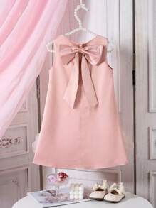 SHEIN Glamorique Kids 1 chiếc váy cưới nữ trẻ trung bằng vải satin không tay thanh lịch có hoa và nơ lớn, thích hợp cho đám cưới, tiệc tùng, biểu diễn sân khấu vào mùa hè - Hồng - Xem 2
