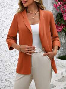 SHEIN Clasi Women's Solid Color Lapel Neck 3/4 Sleeve Elegant Blazer Jacket, Spring Fall - Chocolate Brown - View 5