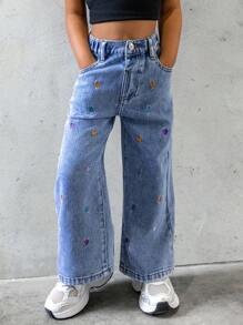 SHEIN Explorewe 年轻女孩洗水牛仔宽腿牛仔裤，配彩色爱心刺绣 - 中等水洗藍 - 查看 5