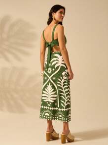CAJUNI 2pcs Women Summer Vacation Sun And Coconut Tree Print Cropped Cami Top And Fitted Maxi Skirt Green Casual Tropical Boho Set