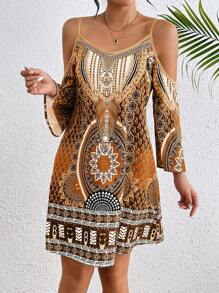 Breezaya Women Vintage Style Print Off Shoulder Dress Vacation Beach Outfit - Brown - View 4