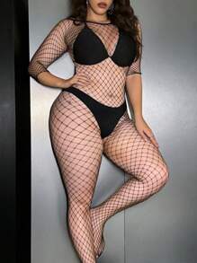 Plus Size Mesh Short Sleeve Sexy Bodystocking - Black - View 10