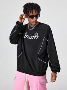 Manfinity VCAY Men's Printed Loose Fit Long Sleeve Knit Pullover Sweatshirt, For Fall Winter - Black - View 3