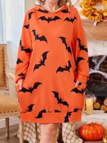 Plus Size Women's Bat Print Hooded Long Sleeve Sweatshirt Pullover Fall Outfit - Multicolor - View 6