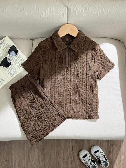 SHEIN LMoss Kids 2pcs Kids Summer Outfit - Textured Fabric Polo Shirt With Collar & Zipper, And Textured Fabric Shorts, Comfortable Casual Style For Outdoor Play, Street Photography, Party, City Walk