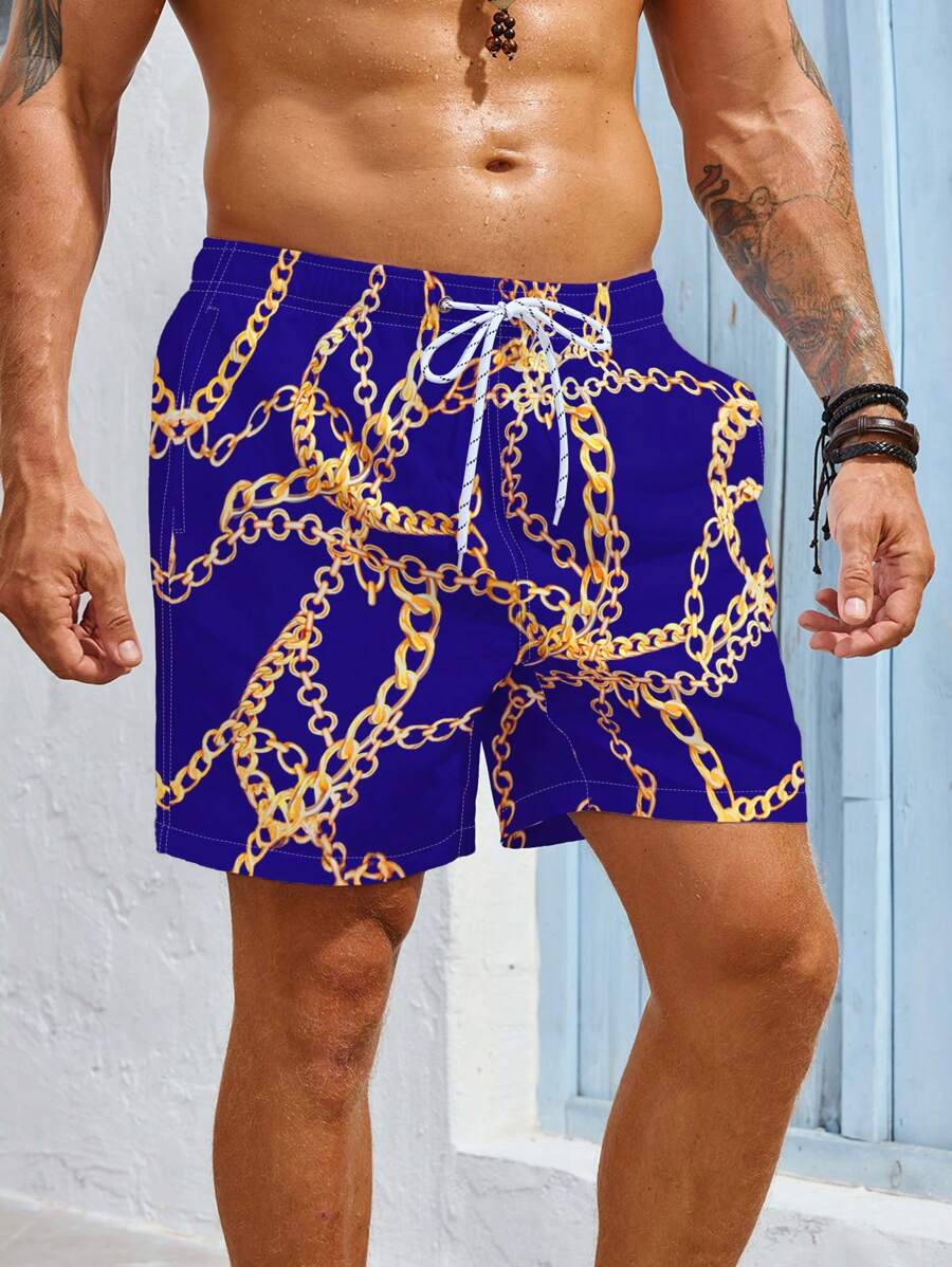 Manfinity Swimmode Men's Summer Vacation Chain Print Beach Shorts - Multicolor - View 1