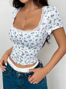 SHEIN Unity Summer Casual Floral Lace Trim T-Shirt Graphic Tees Women Tops - Multicolor - View 5