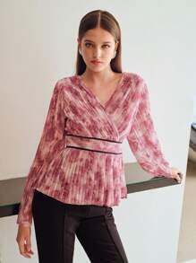 MOTF PREMIUM ALLOVER FLORAL PRINT SURPLICE NECK CONTRAST BINDING TIE BACK PLEATED PEPLUM TOP