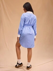 Forever 21 Plus Size Women Vintage Casual Colorblock Striped Print Belted Long Sleeve Midi Dress - Blue - View 3