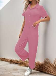 SHEIN LUNE 女士純色簡約風日常連身褲，前拉鍊款式 - 藕粉色 - 查看 5