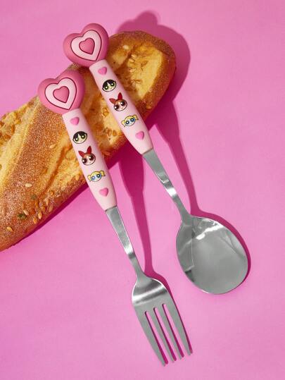 THE POWERPUFF GIRLS X SHEIN Cute Cartoon Heart-Shaped Silver 2 Pieces Spork Set, Tableware, Tableware,Valentine's Day,