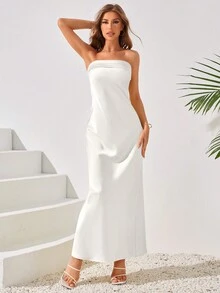 女士纯色优雅抹胸鸡尾酒会礼服派对礼服婚礼宾客礼服春季白色 - 白色 - 查看 6