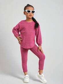 SHEIN Leap Crew Young Girl Rib-Knit Drop Shoulder Curved Hem Tee & Leggings - Hot Pink - View 1