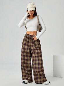 SHEIN PETITE 女式秋冬编织格子口袋阔腿裤