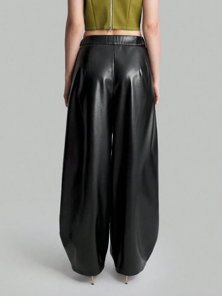 Black PU Fabric Extra Long Wide Leg Pants