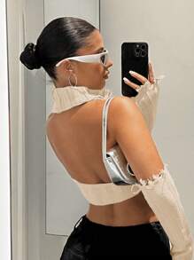 SHEIN ICON Y2k Spring  Turtleneck Asymmetrical Hem Crop Knit Top With Arm Sleeves - Khaki - View 2