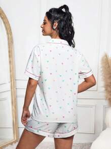 Maryam Alam Artist 2pcs Women Heart Print Short Sleeve Top And Casual Comfy Shorts Pajama Set, For Summer, Holiday, Going Out