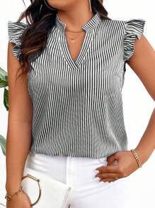SHEIN LUNE 大码夏季休闲条纹翻领荷叶袖衬衫