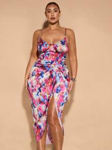 SHEIN BAE Vestido elegante de primavera con escote en V, tirantes finos, drapeado y estampado floral en satén para mujer de talla grande