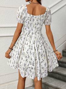 TrendSteals Women's Floral Print Short Puff Sleeve Dresses - White - View 2