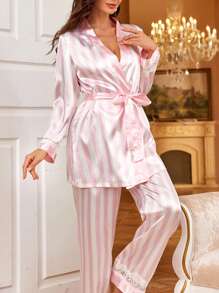3pcs Women Lace Trim Camisole, Long Sleeve Jacket And Stripe Print Straight Leg Pants Pajama Set, Vacation