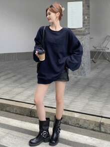 DAZY Áo thun nữ có cổ đứng in chữ thông thường - Màu xanh hải quân - Xem 5