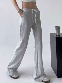 INAWLY Quần bó sát ống loe thời trang có dây rút dành cho nữ - Màu Xám nhạt - Xem 2