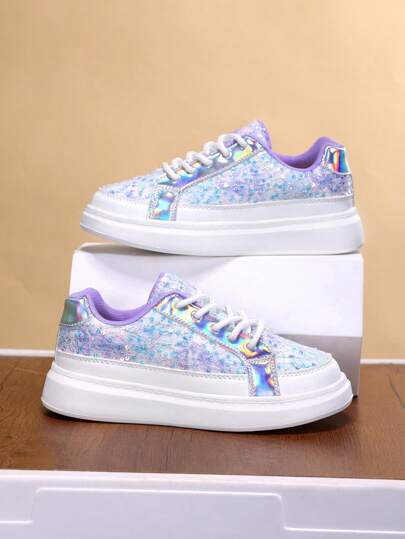 Fashionable Lace-Up Sports Shoes For Teenage Girls, Suitable For Daily Wear, Special Material Mirrored Sequin Upper, Soft & Comfortable, Non-Slip Wear-Resistant, Back To School Student Shoes Colorful Sneakers