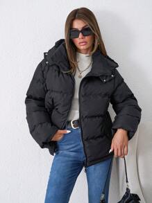 SHEIN Tall Tall Ladies Zip Up Hooded Puffer Coat - Black - View 3