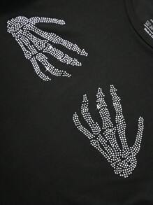 Noixe Skeleton Hand Rhinestone Detail Crop Tee