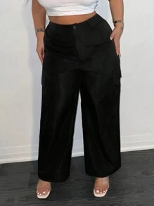 SHEIN SXY Plus Size Solid Color Multi-Pocket Button Casual Cargo Pants Office Wear Women
