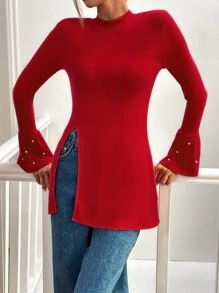 SHEIN Essnce Damen Crop Top mit Rundhalsausschnitt, Langarm, Rippenstruktur, Glockenärmeln und Perl-Dekor in Rot