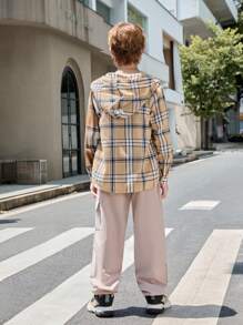 SHEIN Tween Boys Fashion Casual Holiday Letter Plaid Long Sleeve Hoodie Jacket And Cargo Pants Set - Multicolor - View 2