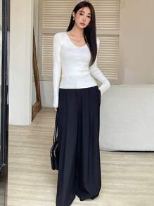 DAZY Women's Solid Color Simple Everyday Long Sleeve Sweater,Long Sleeve Tops - White - View 3