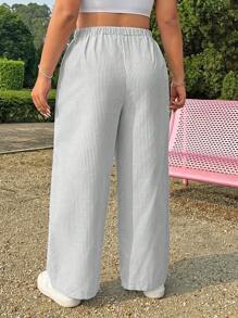 SHEIN EZwear Plus Size Women Drawstring Waist Striped Casual Vacation Straight Pants - Coffee Brown - View 2