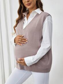 SHEIN Pregnant Women Casual Solid Color Knitted Sweater Vest, Spring & Autumn, For Maternity - Khaki - View 3
