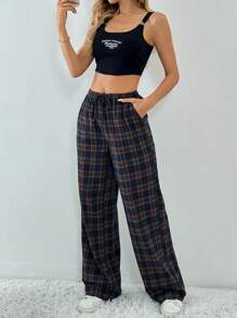 SHEIN Tall Plaid Printed Drawstring Waistband Slanted Pocket Loose Casual Wide Leg Pants - Brown - View 8