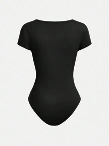 SHEIN Girlism 2 cái/bộ Áo liền quần ngắn tay dệt kim cổ tròn vừa vặn cho các cô gái tuổi teen - Đỏ - Xem 5